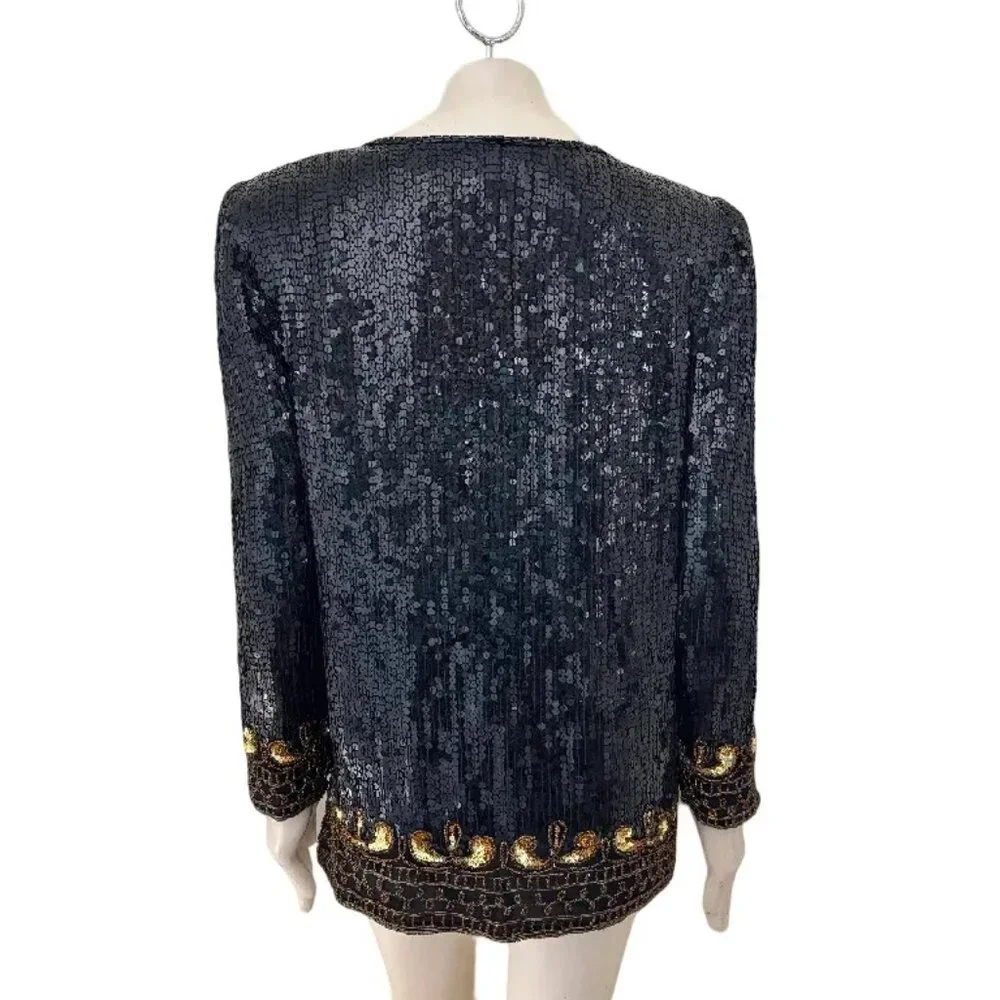 VTG STENAY 100% Silk All Over Sequin Beaded Formal Jacket in Black & Gold SZ L